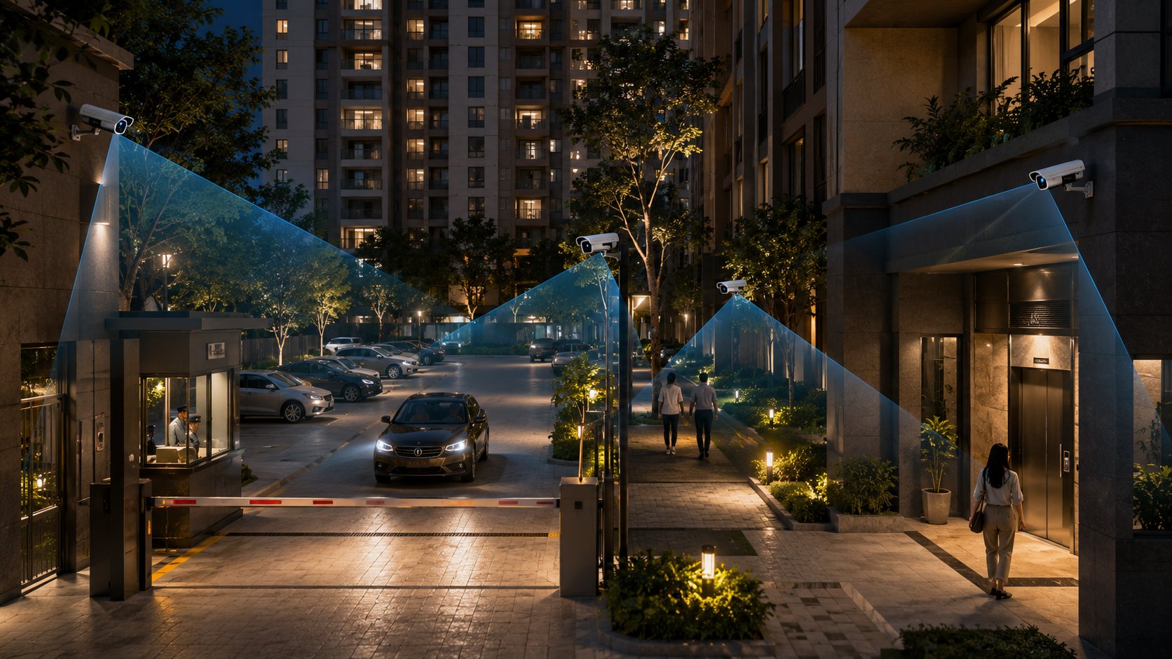 Housing society entrance with CCTV surveillance coverage
