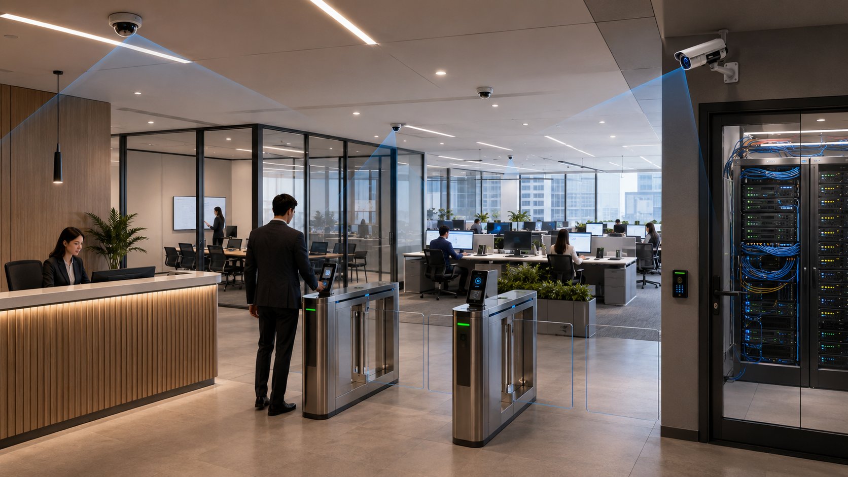 Modern office reception with camera and access monitoring