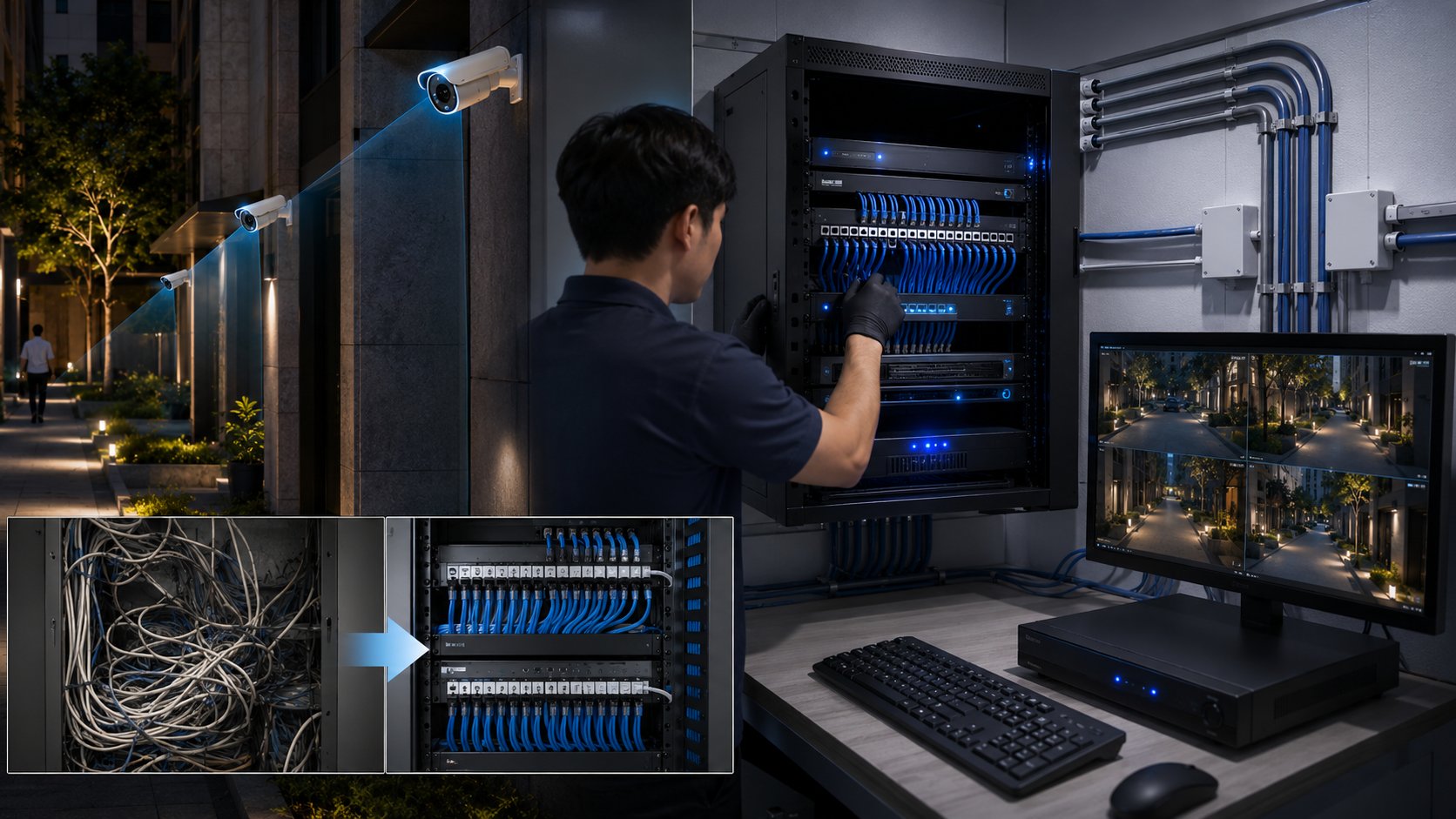 Structured wiring rack and camera monitoring station